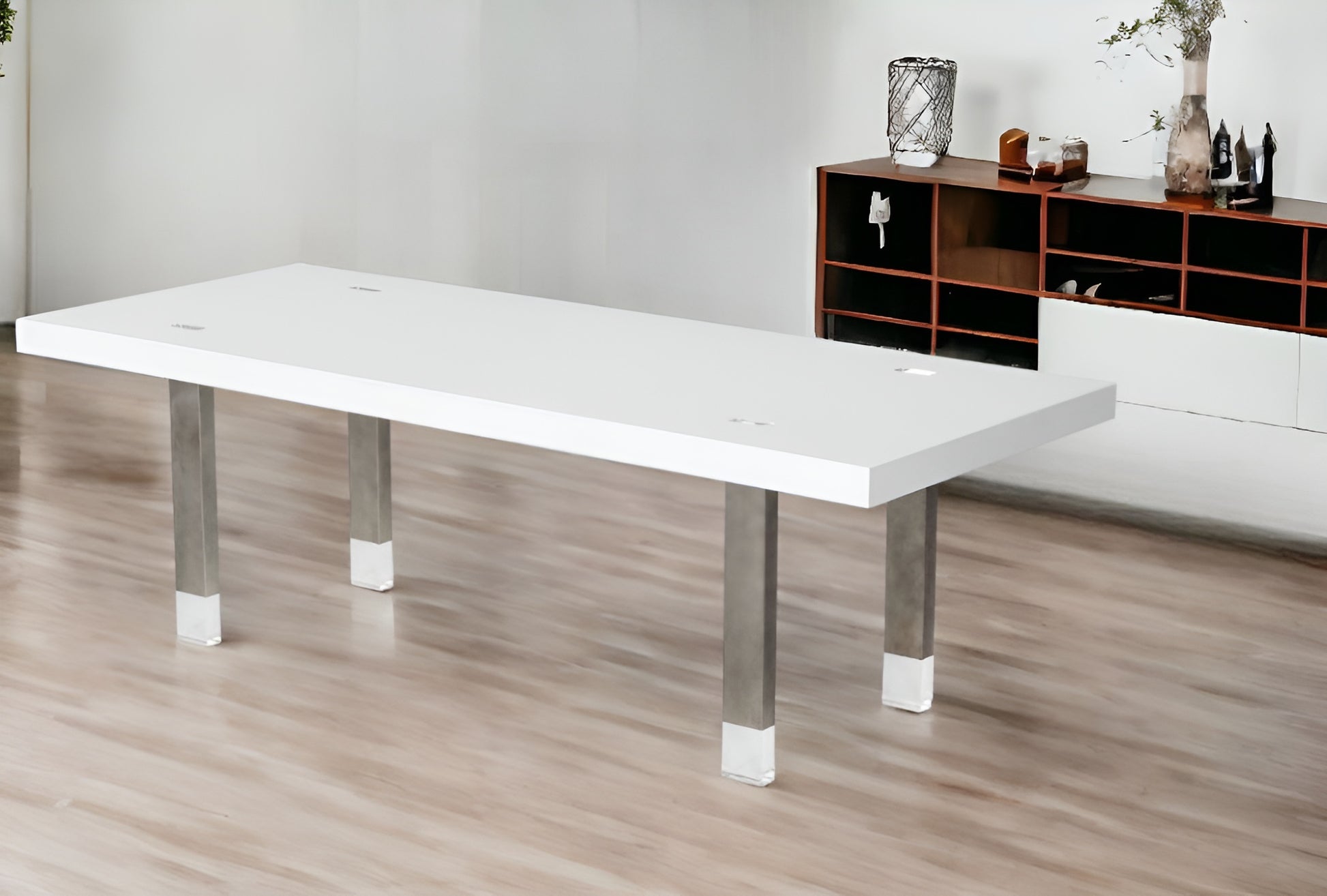 95" White And Gray Stainless Steel Dining Table - Loft&Timber