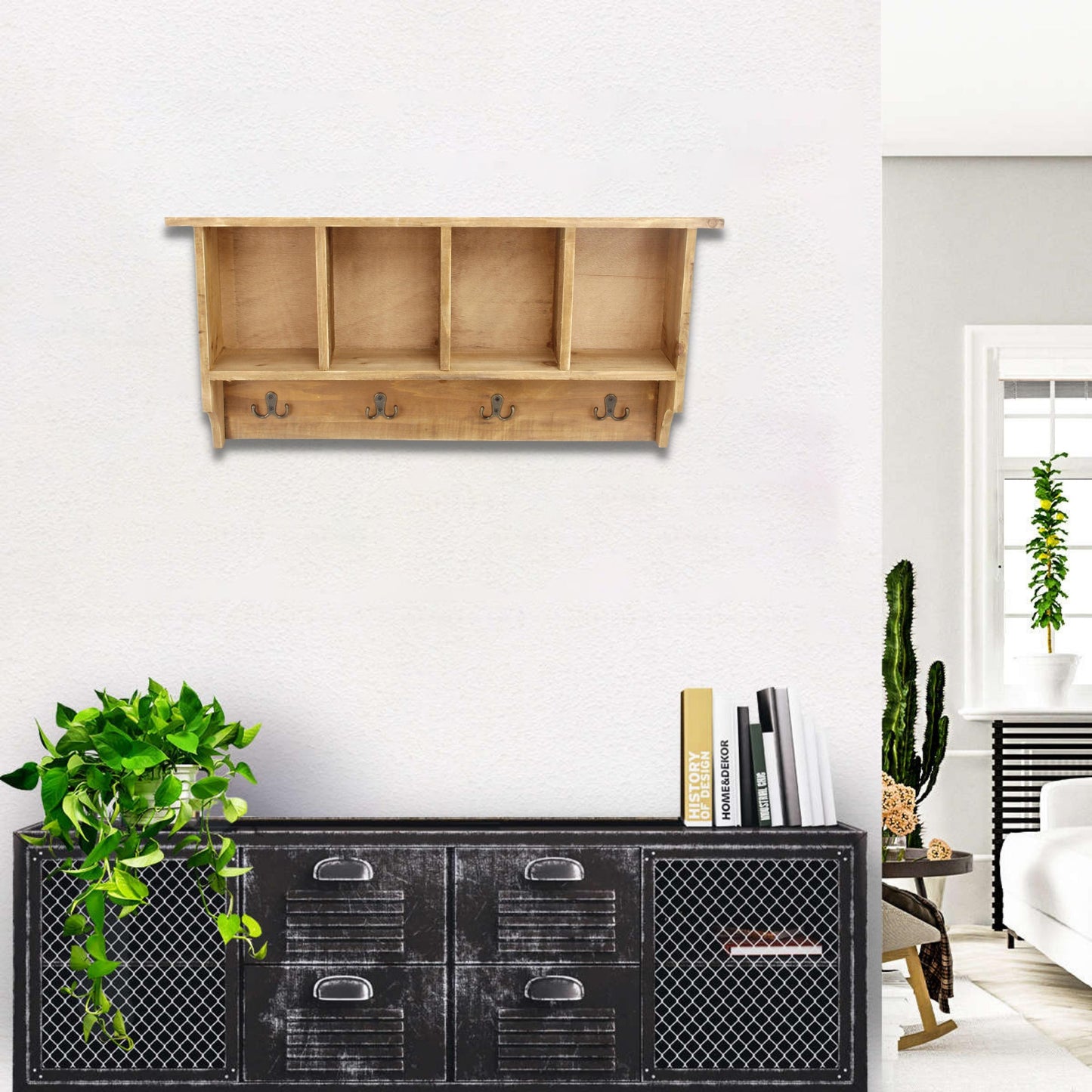 30" Natural Wood Four Hook Wall Mount Coat Rack-7