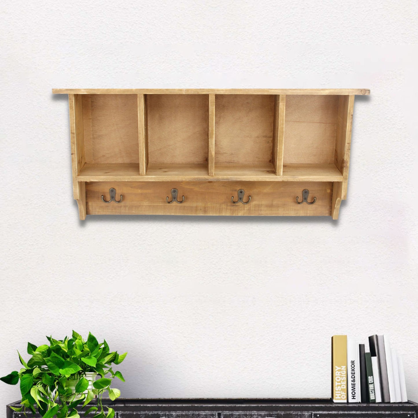 30" Natural Wood Four Hook Wall Mount Coat Rack-6