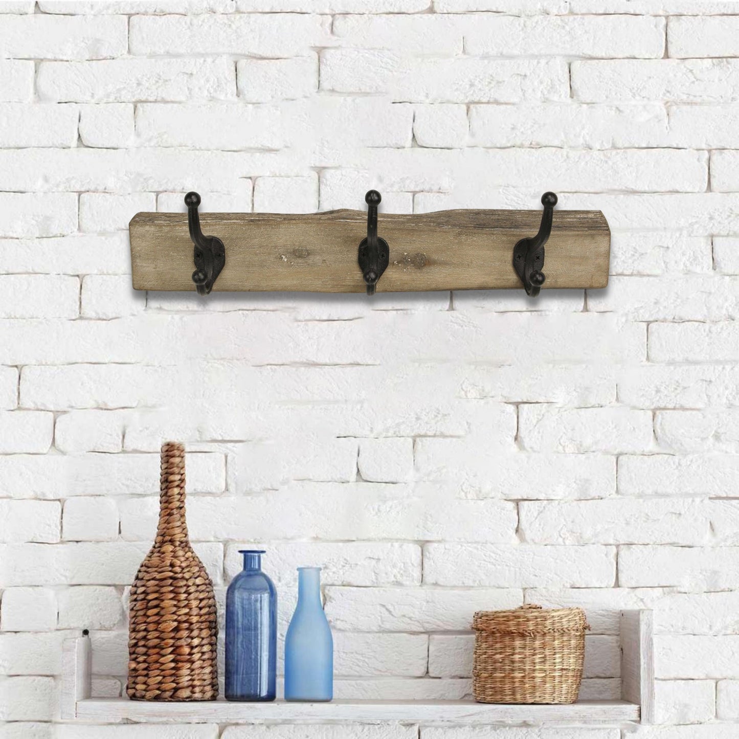 19" Brown Natural Rustic Live Edge Wood Three Hook Wall Mount Coat Rack-7