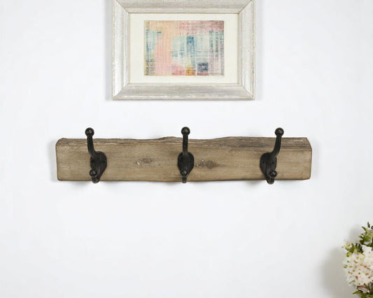 19" Brown Natural Rustic Live Edge Wood Three Hook Wall Mount Coat Rack-0
