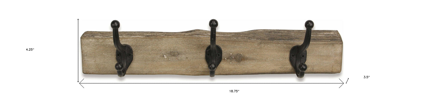 19" Brown Natural Rustic Live Edge Wood Three Hook Wall Mount Coat Rack-8
