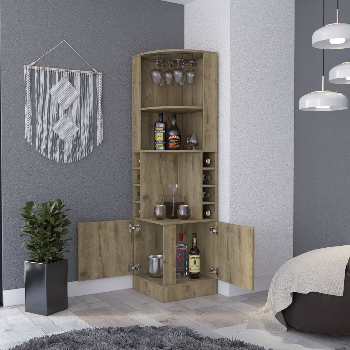 18" Natural Corner Bar Cabinet With Eleven Shelves - Loft&Timber