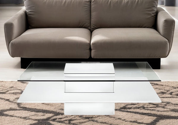 39" Clear and White Glass And Wood Square Pedestal Coffee Table With Shelf-0