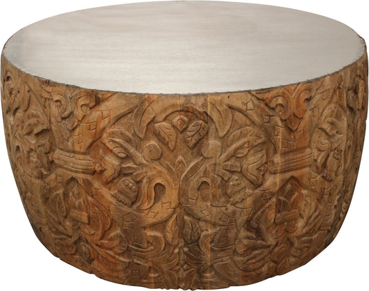 32" White and Natural Iron and Solid Wood Round Drum Coffee Table - Loft&Timber