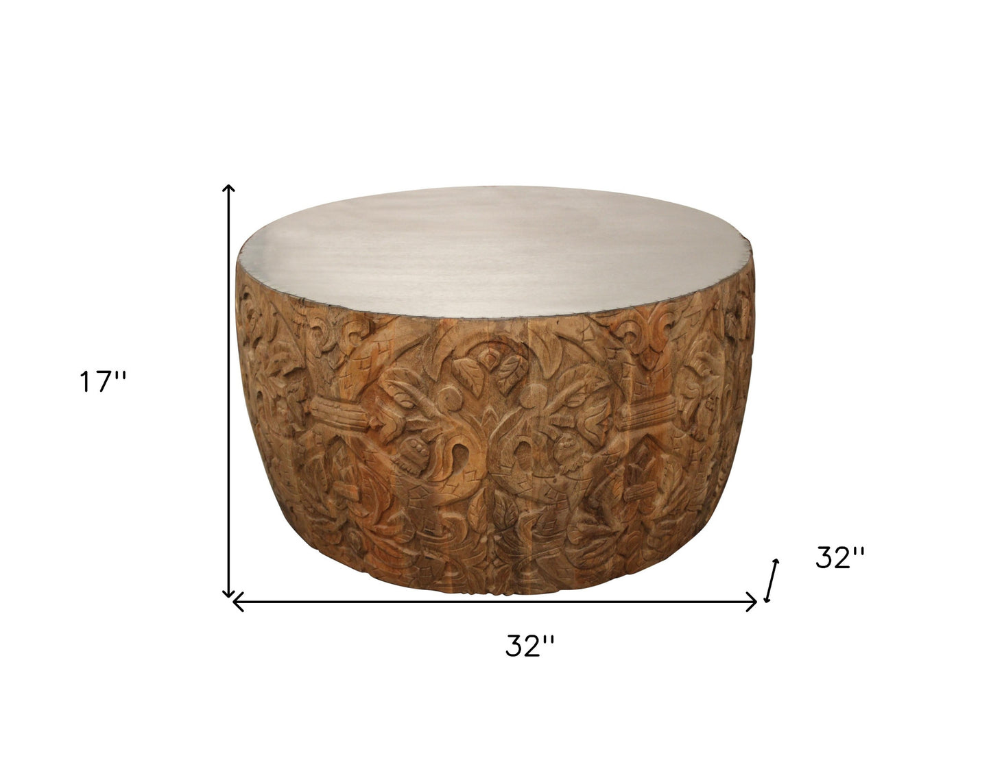 32" White and Natural Iron and Solid Wood Round Drum Coffee Table - Loft&Timber