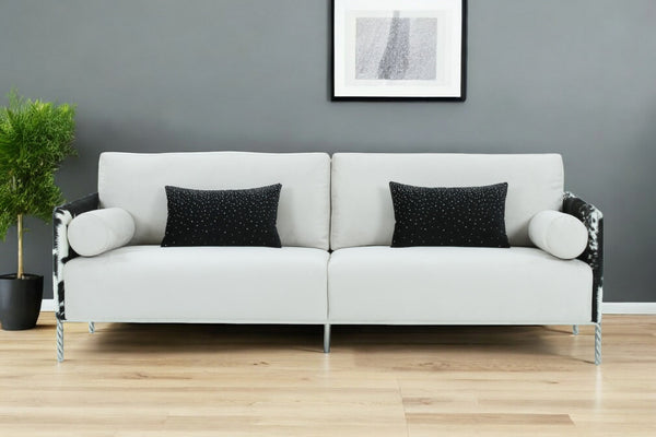 89" White Sofa And Toss Pillows With Silver Legs-0
