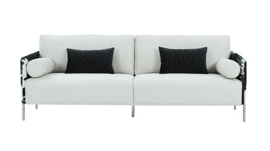 89" White Sofa And Toss Pillows With Silver Legs-1