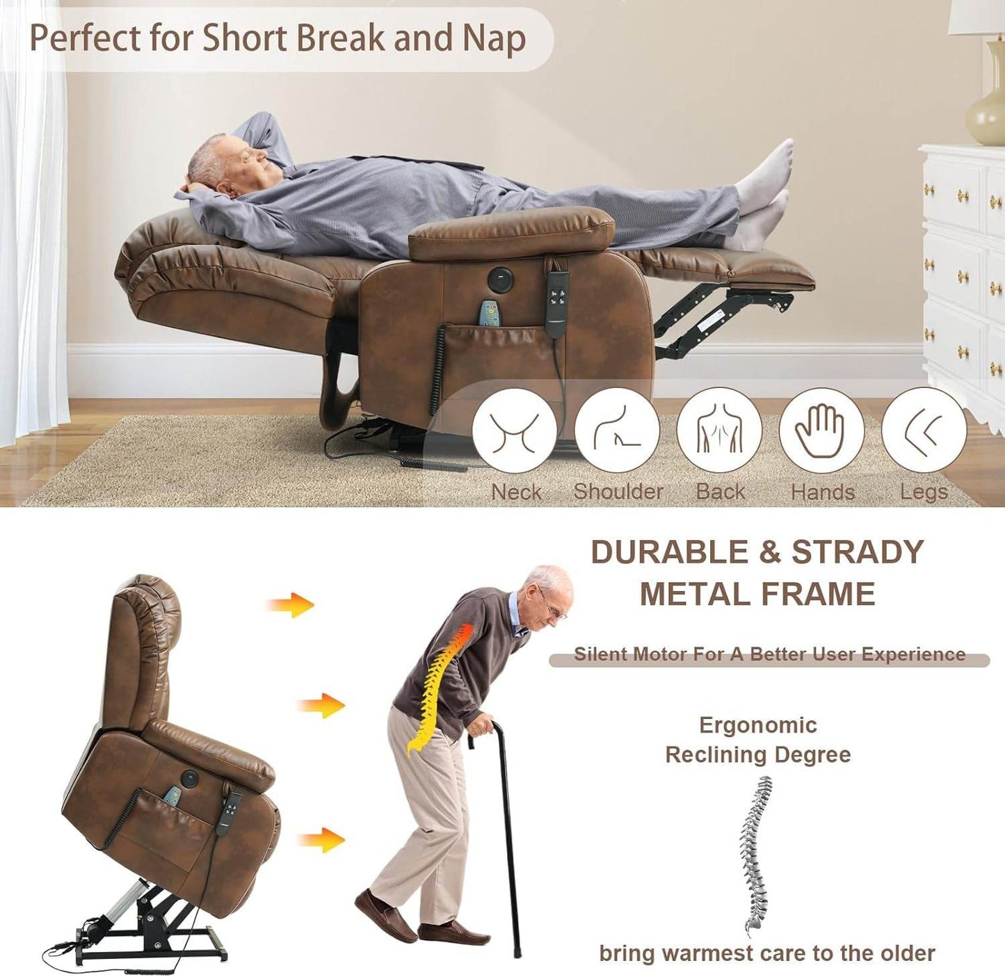 Powerful Dual Motor Lift Recliner Heat Massage Leather - Loft&Timber