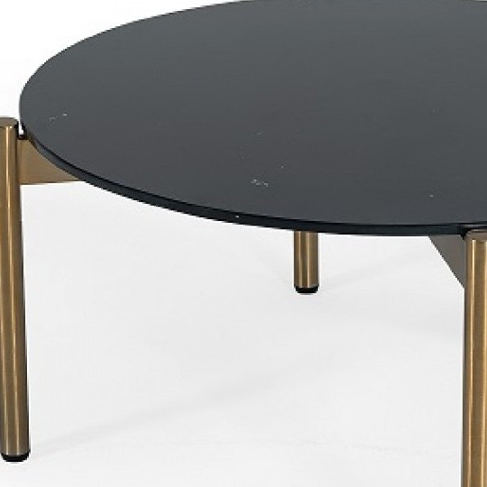 36" Black and Gold Faux Marble And Steel Round Coffee Table - Loft&Timber