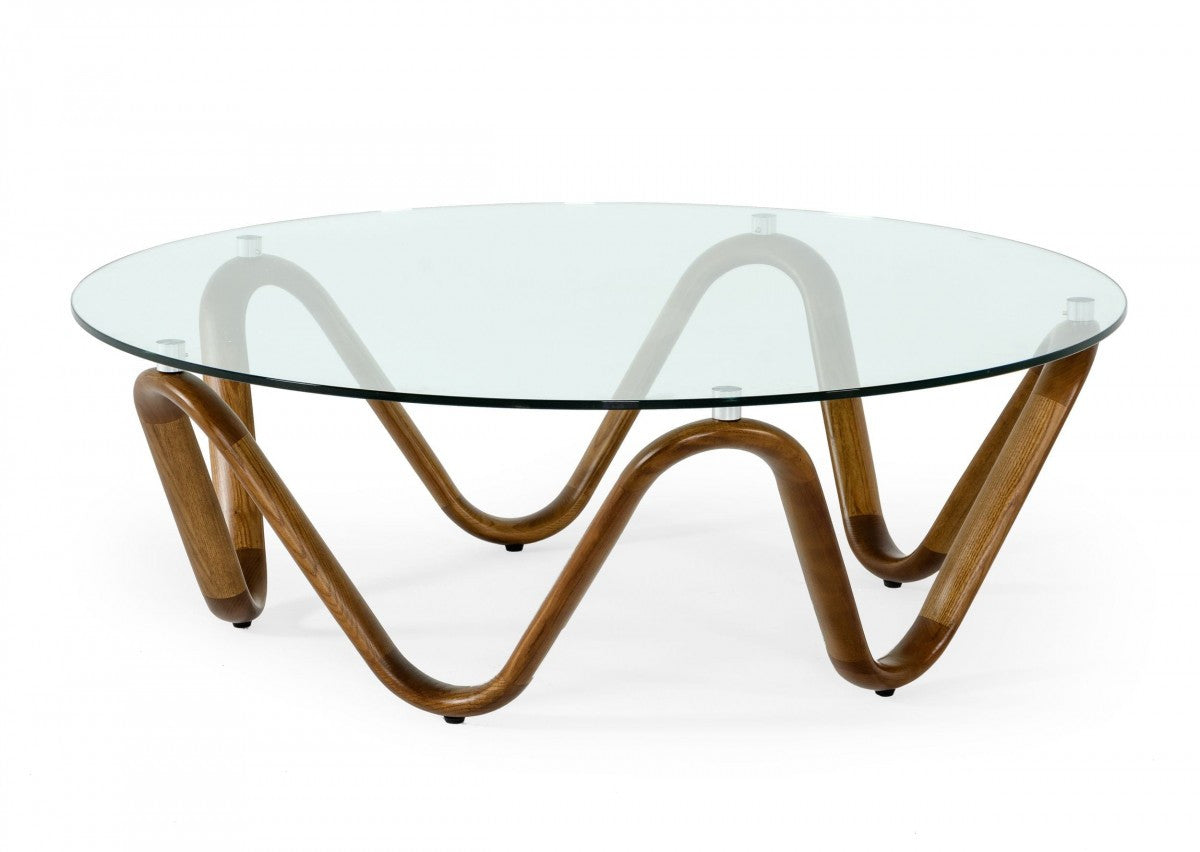 45" Clear and Brown Glass And Solid Wood Round Abstract Coffee Table - Loft&Timber