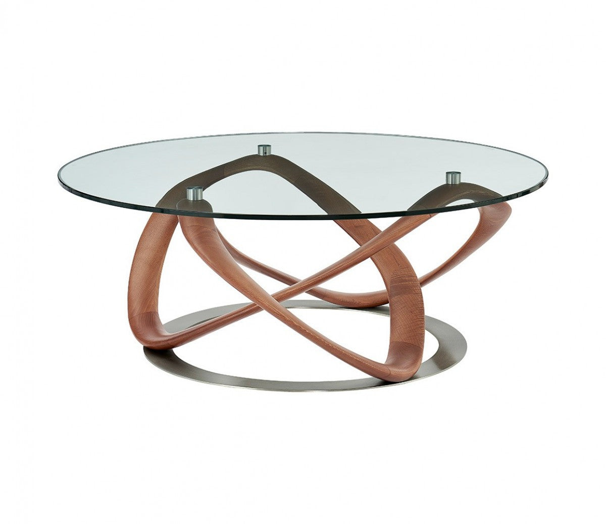 39" Clear and Brown Glass And Solid Wood Round Abstract Coffee Table - Loft&Timber