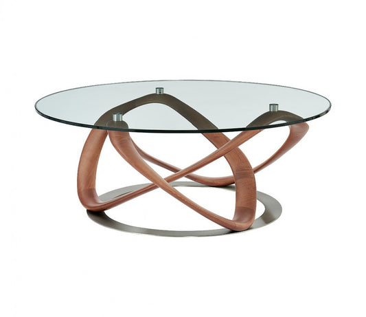 39" Clear and Brown Glass And Solid Wood Round Abstract Coffee Table - Loft&Timber
