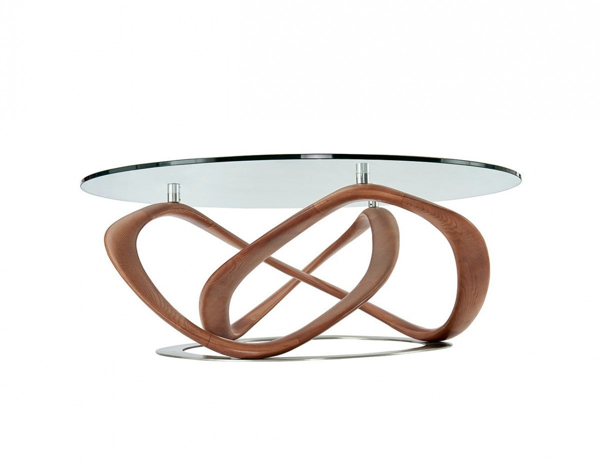 39" Clear and Brown Glass And Solid Wood Round Abstract Coffee Table - Loft&Timber