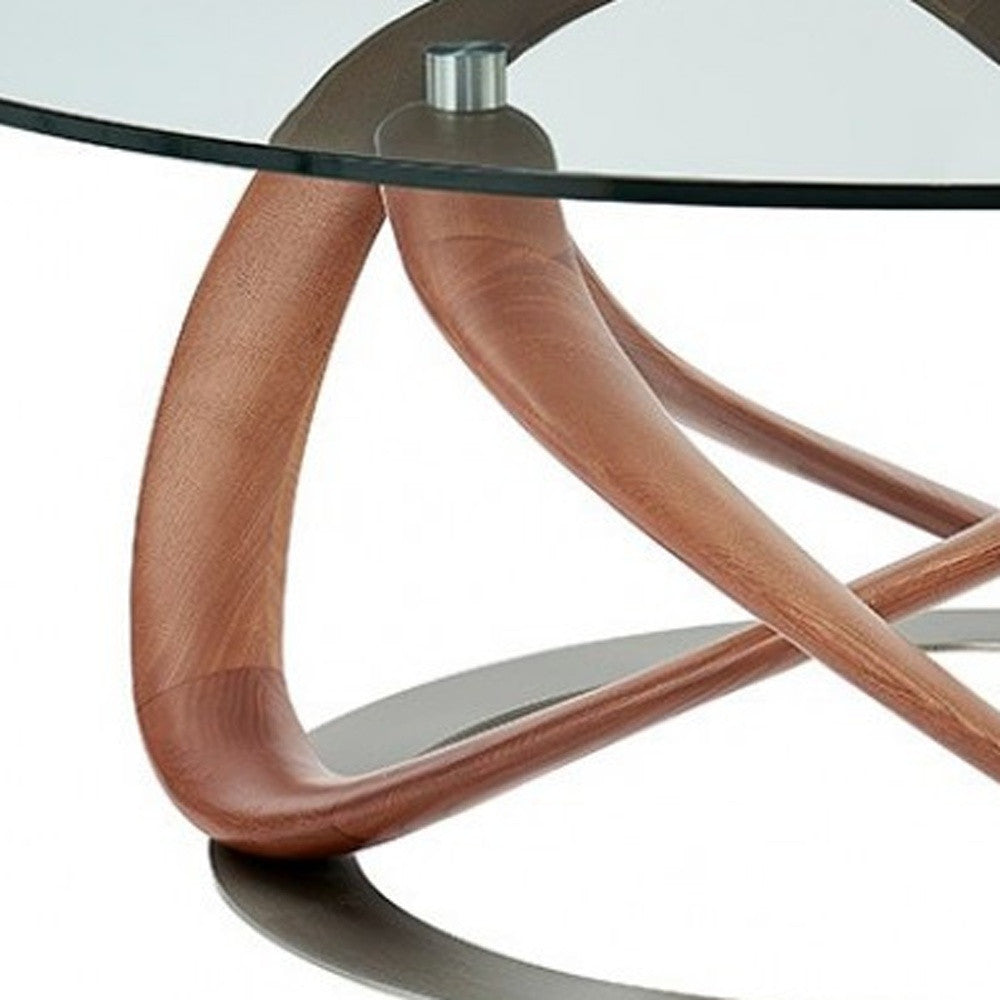 39" Clear and Brown Glass And Solid Wood Round Abstract Coffee Table - Loft&Timber