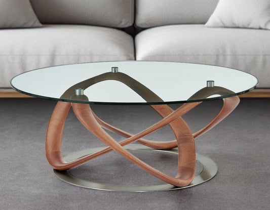 39" Clear and Brown Glass And Solid Wood Round Abstract Coffee Table - Loft&Timber