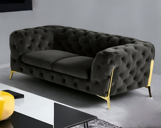 74" Dark Gray And Gold Velour Chesterfield Loveseat - Loft&Timber