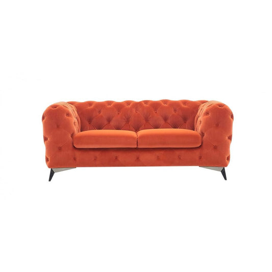 74" Orange And Silver Velvet Chesterfield Loveseat - Loft&Timber