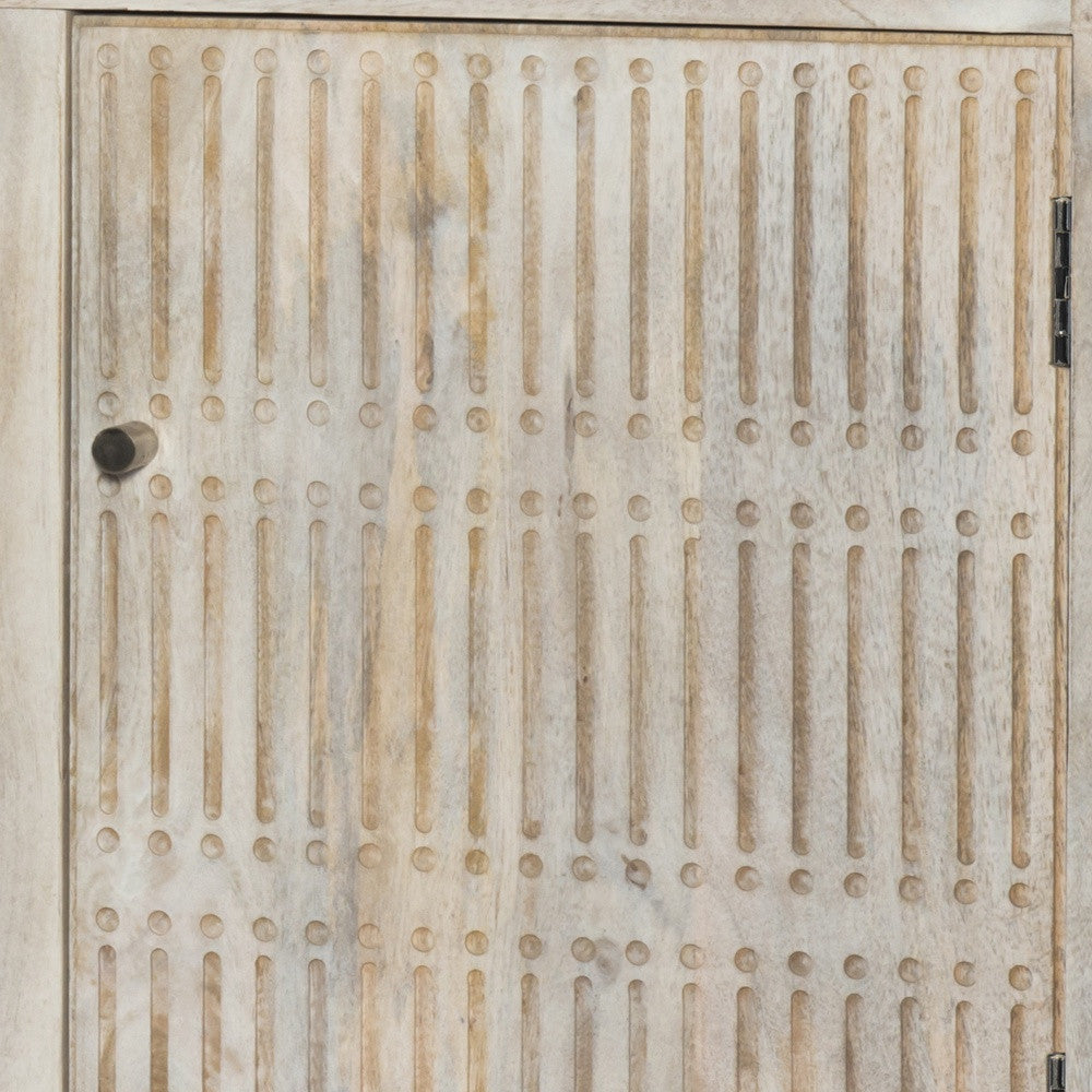 60" Ivory Carved Geometric Distressed Solid Wood Enclosed and Open Storage TV Stand-6