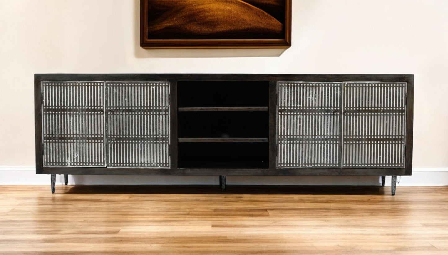 92" Dark Brown Carved Geometric Distressed Solid Wood Enclosed and Open Storage TV Stand-1