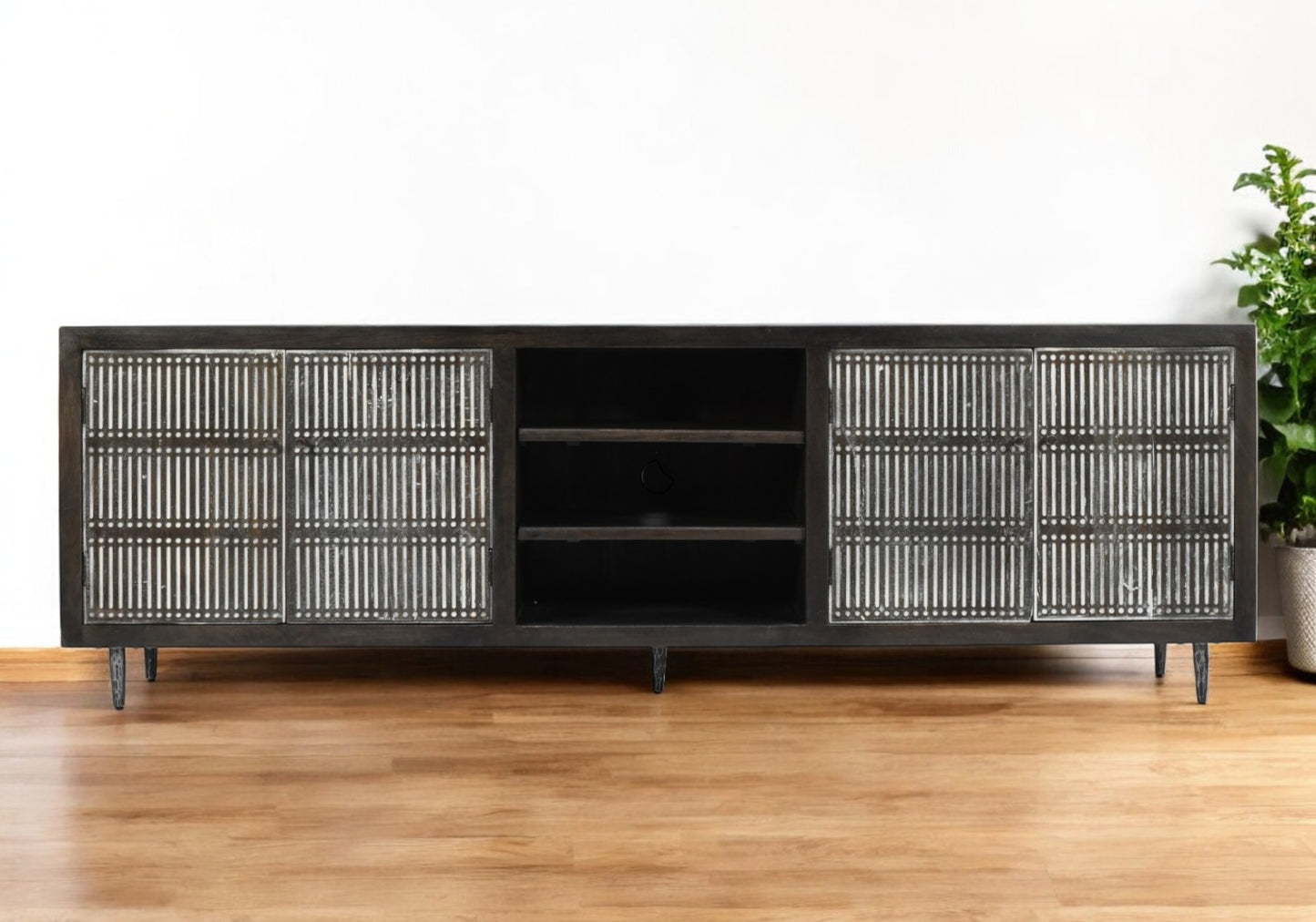 92" Dark Brown Carved Geometric Distressed Solid Wood Enclosed and Open Storage TV Stand-0