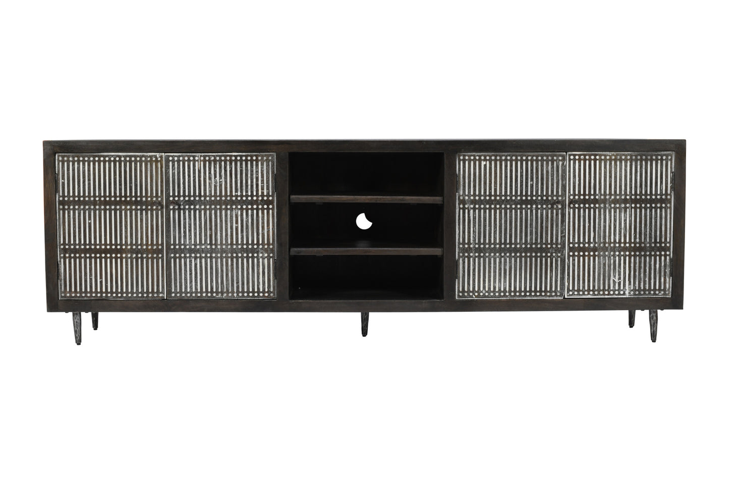 92" Dark Brown Carved Geometric Distressed Solid Wood Enclosed and Open Storage TV Stand-2