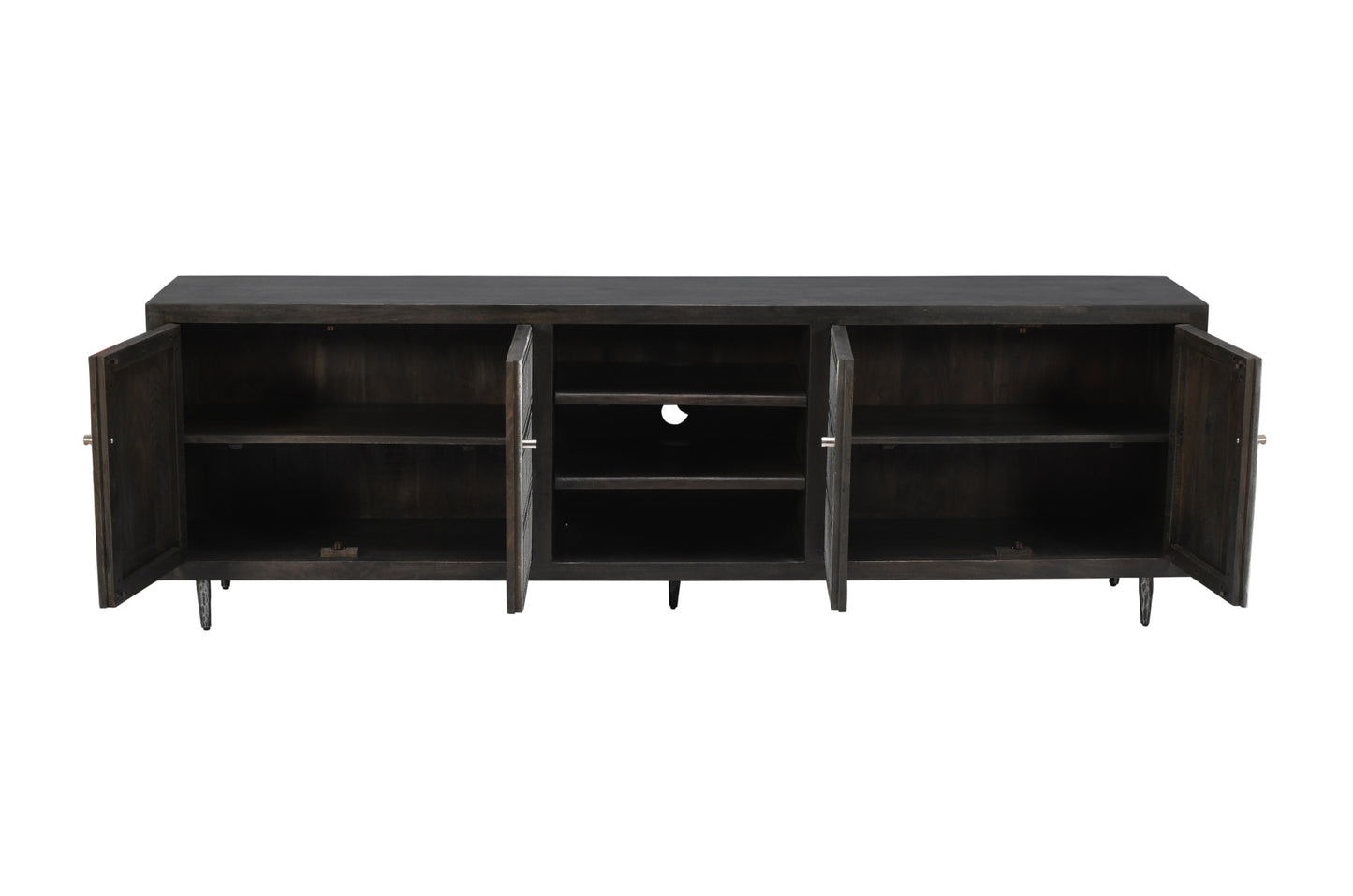 92" Dark Brown Carved Geometric Distressed Solid Wood Enclosed and Open Storage TV Stand-4