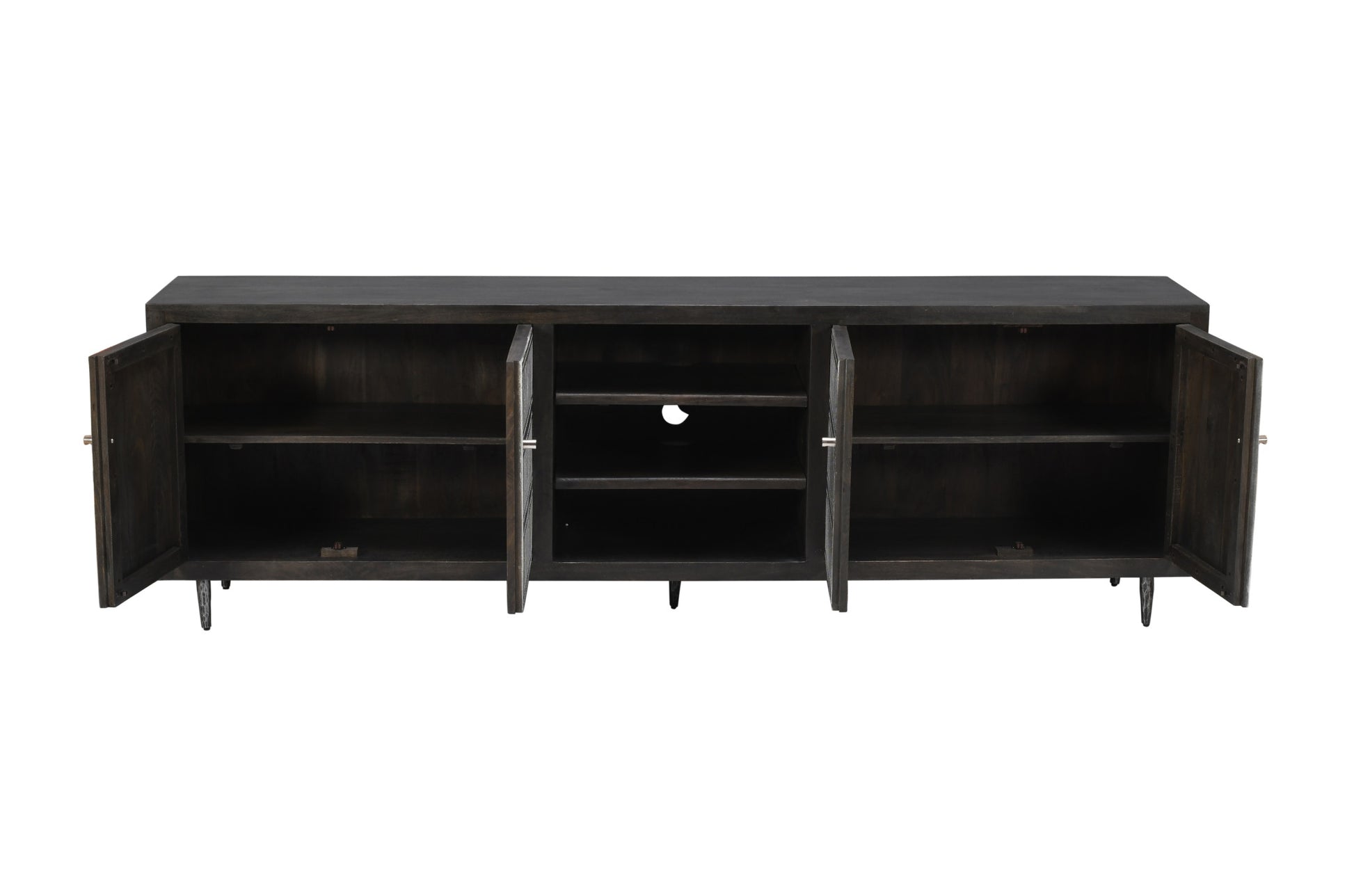 92" Dark Brown Carved Geometric Distressed Solid Wood Enclosed and Open Storage TV Stand-4