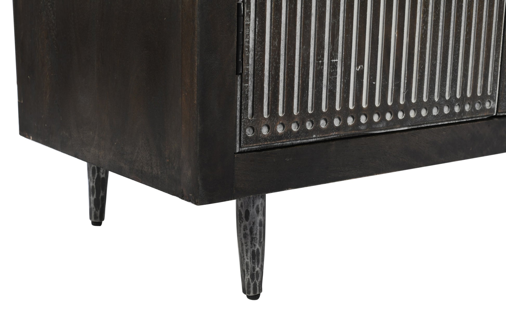 92" Dark Brown Carved Geometric Distressed Solid Wood Enclosed and Open Storage TV Stand-5
