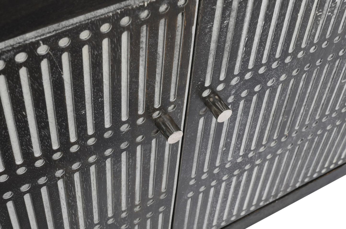 92" Dark Brown Carved Geometric Distressed Solid Wood Enclosed and Open Storage TV Stand-8