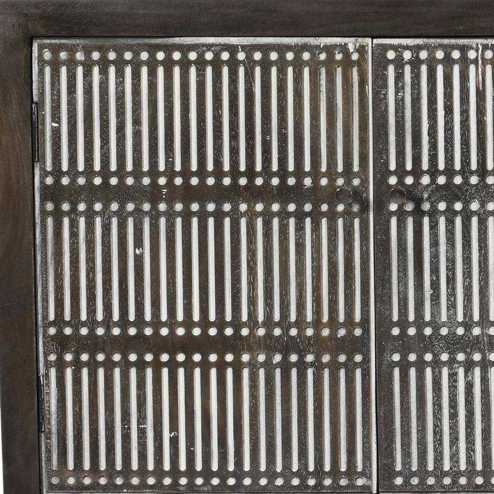 92" Dark Brown Carved Geometric Distressed Solid Wood Enclosed and Open Storage TV Stand-6