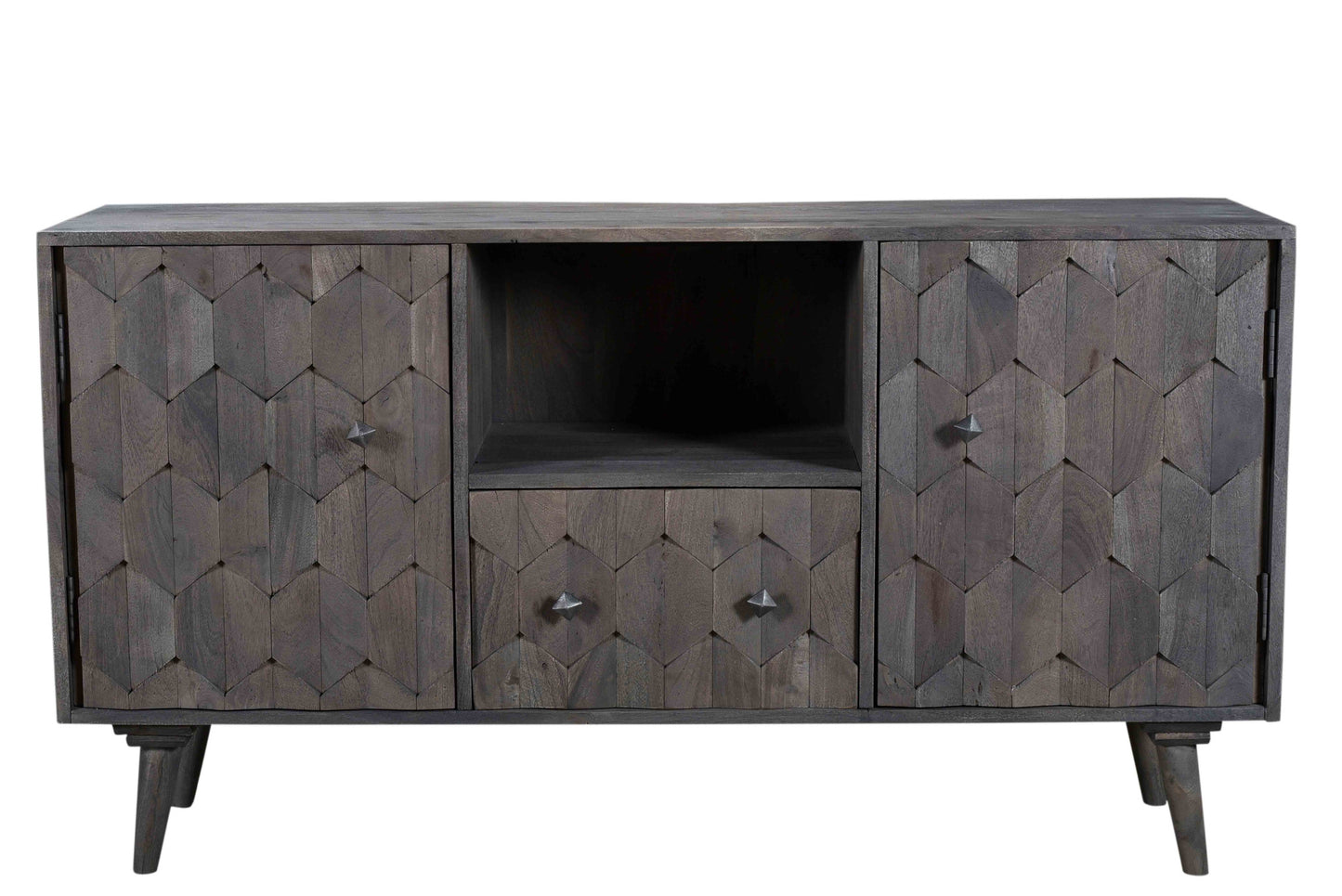 55" Dark Gray Carved Geometric Distressed Solid Wood Enclosed and Open Storage TV Stand-1