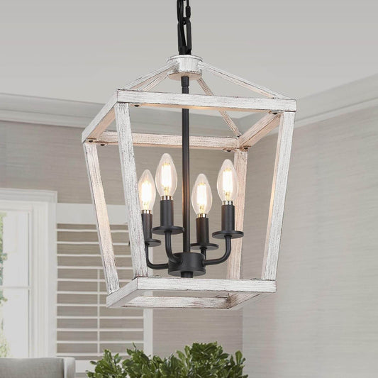 4 Light Rustic Chandelier, Farmhouse Lantern Fixture with Brushed White Oak Cage and Adjustable Chain, E12 Base Geometric Hanging Light Fixture Ceiling Lighting for Entryway Kitchen Island, Indoor Use - Loft&Timber