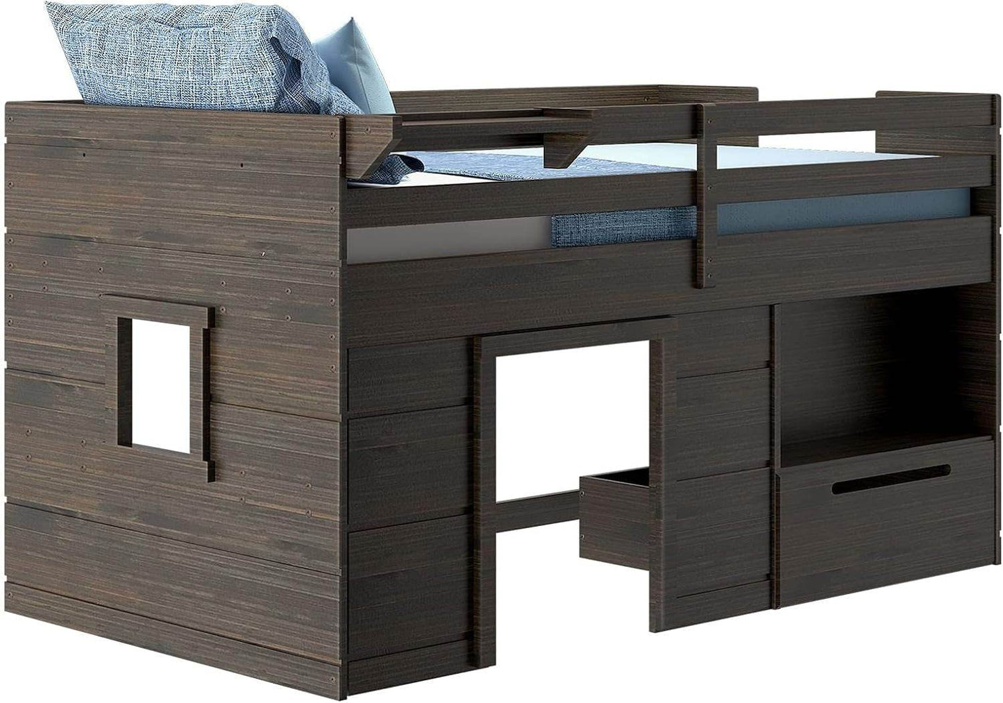 Loft Bed Twin Size, Solid Wood Low Loft Bed with Storage Drawer and Ladder, Modern Farmhouse Loft Bed for Kids, Barnwood Brown - Loft&Timber