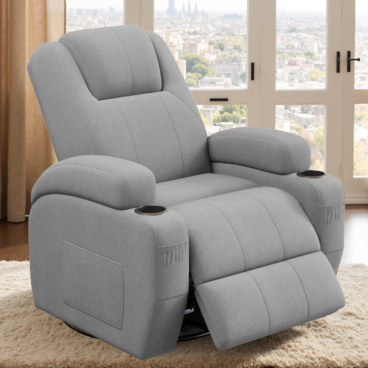 Gray Fabric Swivel Rocker Recliner With Vibration Massage - Loft&Timber