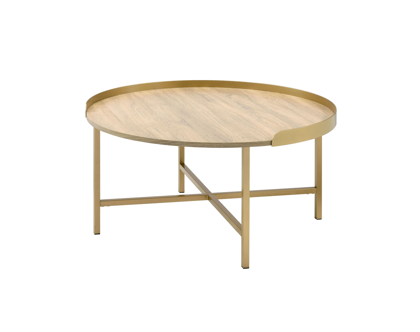 34" Oak and Gold Wood And Metal Round Sled Coffee Table - Loft&Timber
