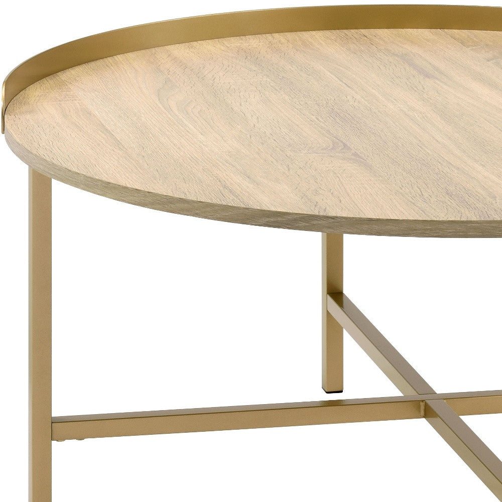34" Oak and Gold Wood And Metal Round Sled Coffee Table - Loft&Timber