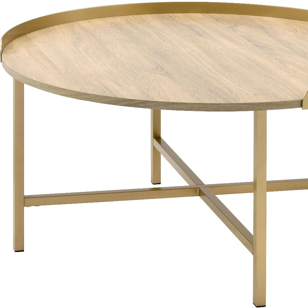 34" Oak and Gold Wood And Metal Round Sled Coffee Table - Loft&Timber