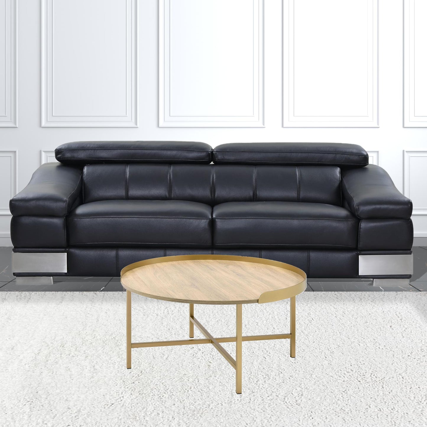 34" Oak and Gold Wood And Metal Round Sled Coffee Table - Loft&Timber