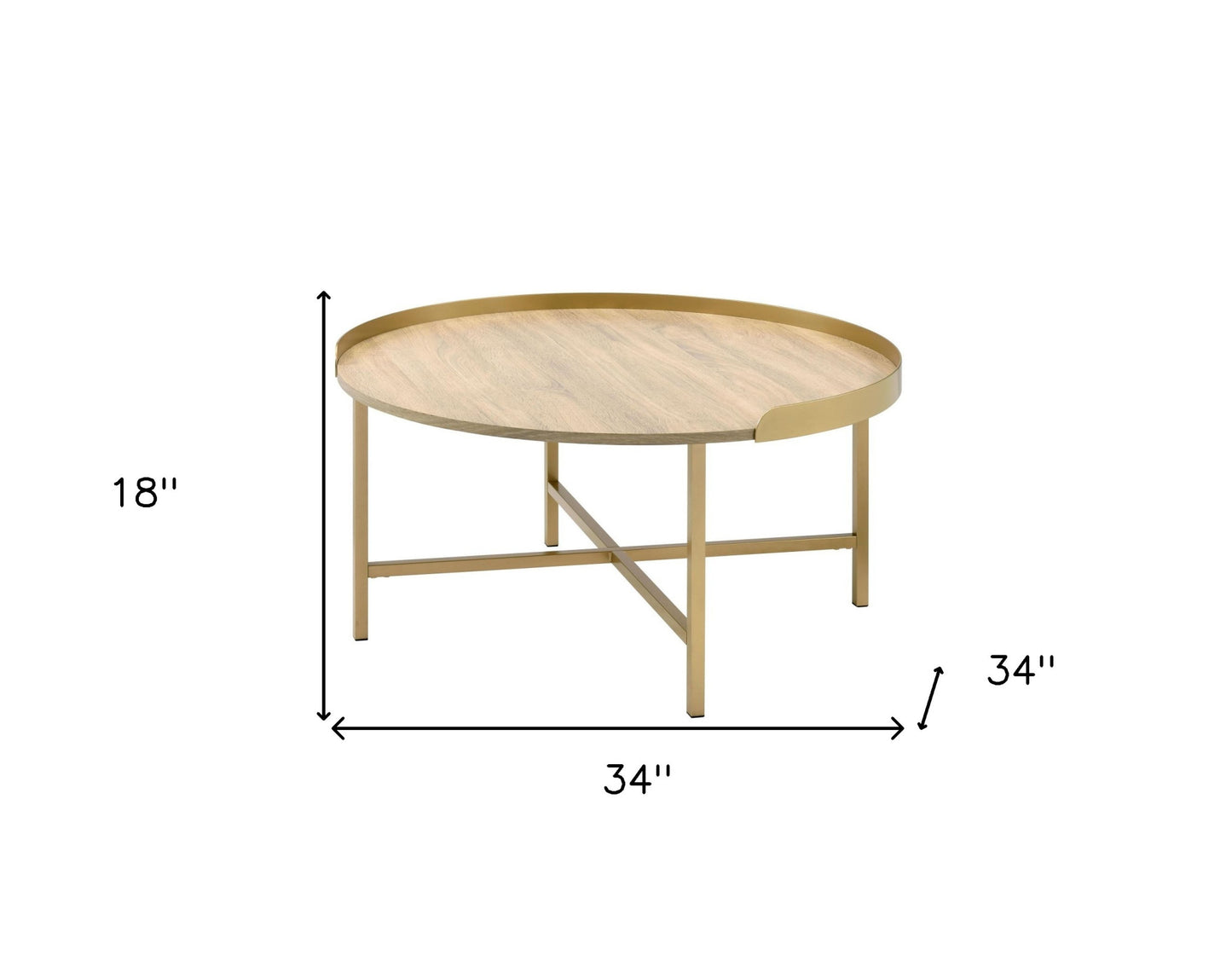 34" Oak and Gold Wood And Metal Round Sled Coffee Table - Loft&Timber