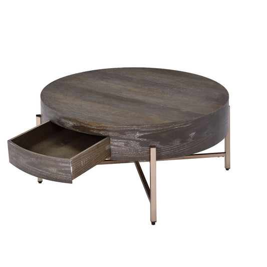32" Dark Brown and Champagne Wood And Metal Round Sled Coffee Table With Drawer - Loft&Timber