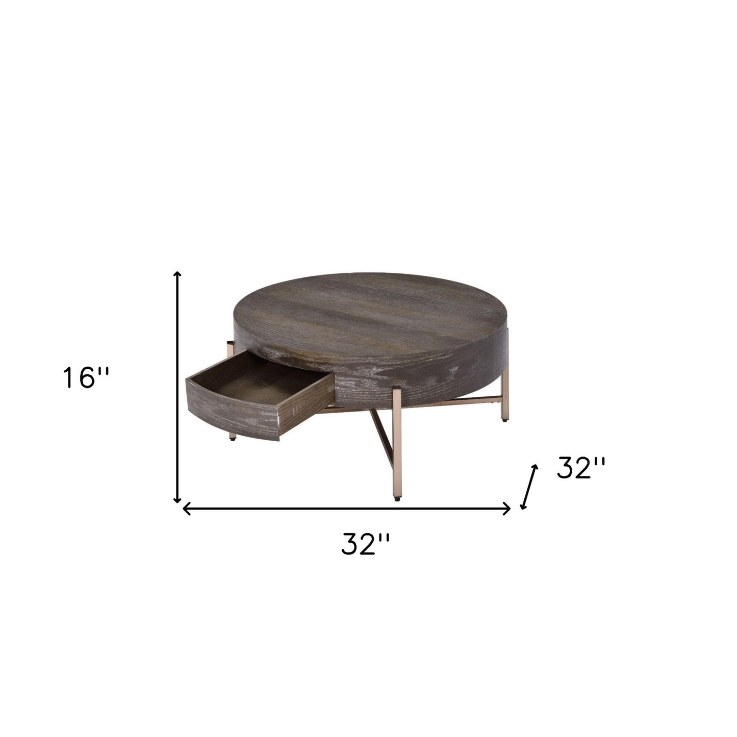 32" Dark Brown and Champagne Wood And Metal Round Sled Coffee Table With Drawer - Loft&Timber