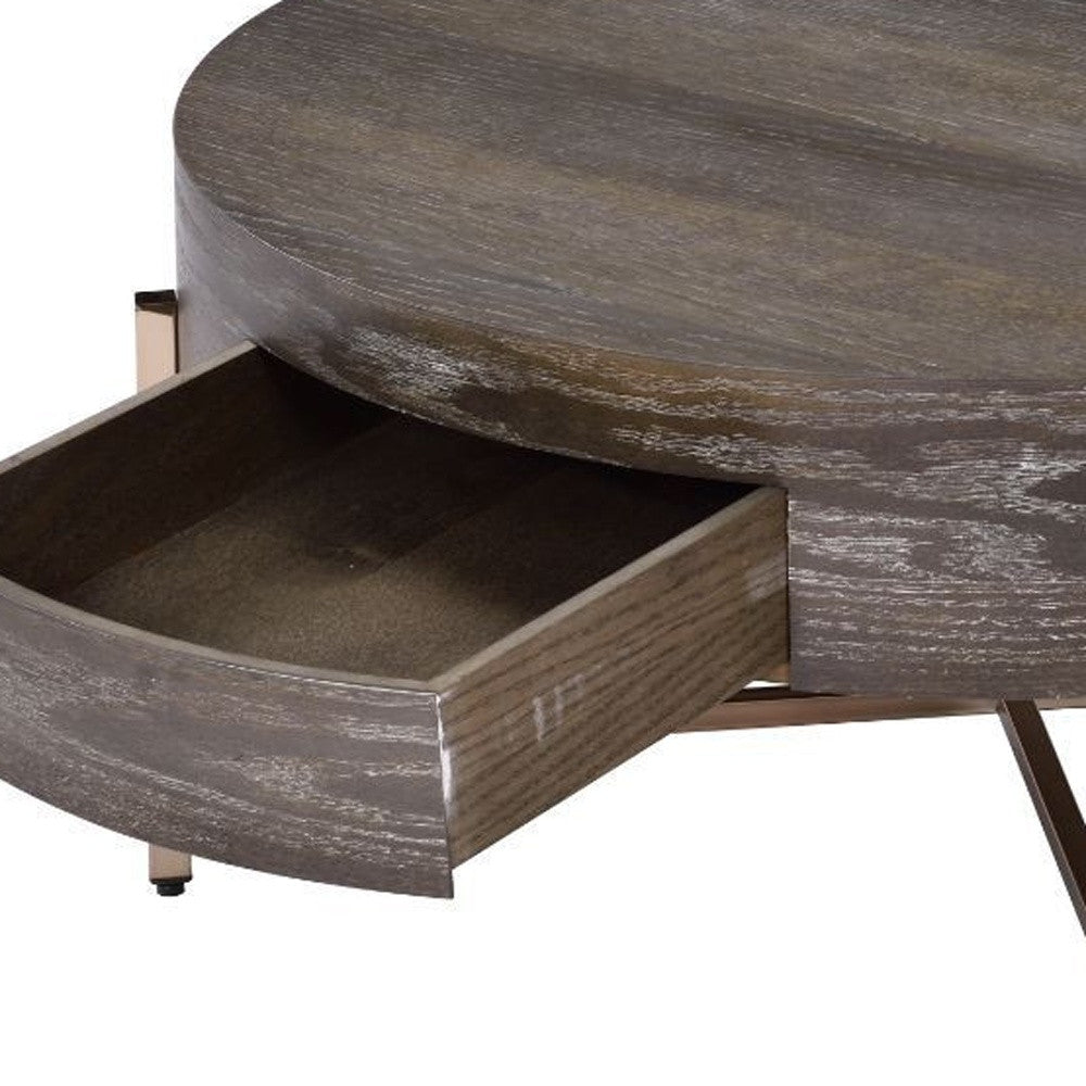 32" Dark Brown and Champagne Wood And Metal Round Sled Coffee Table With Drawer - Loft&Timber