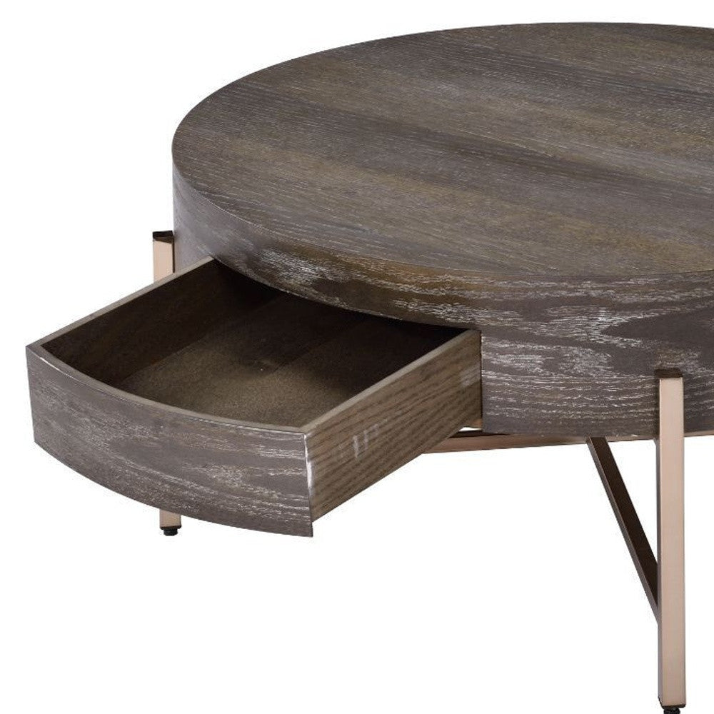 32" Dark Brown and Champagne Wood And Metal Round Sled Coffee Table With Drawer - Loft&Timber