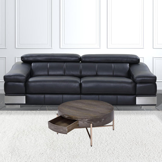 32" Dark Brown and Champagne Wood And Metal Round Sled Coffee Table With Drawer - Loft&Timber