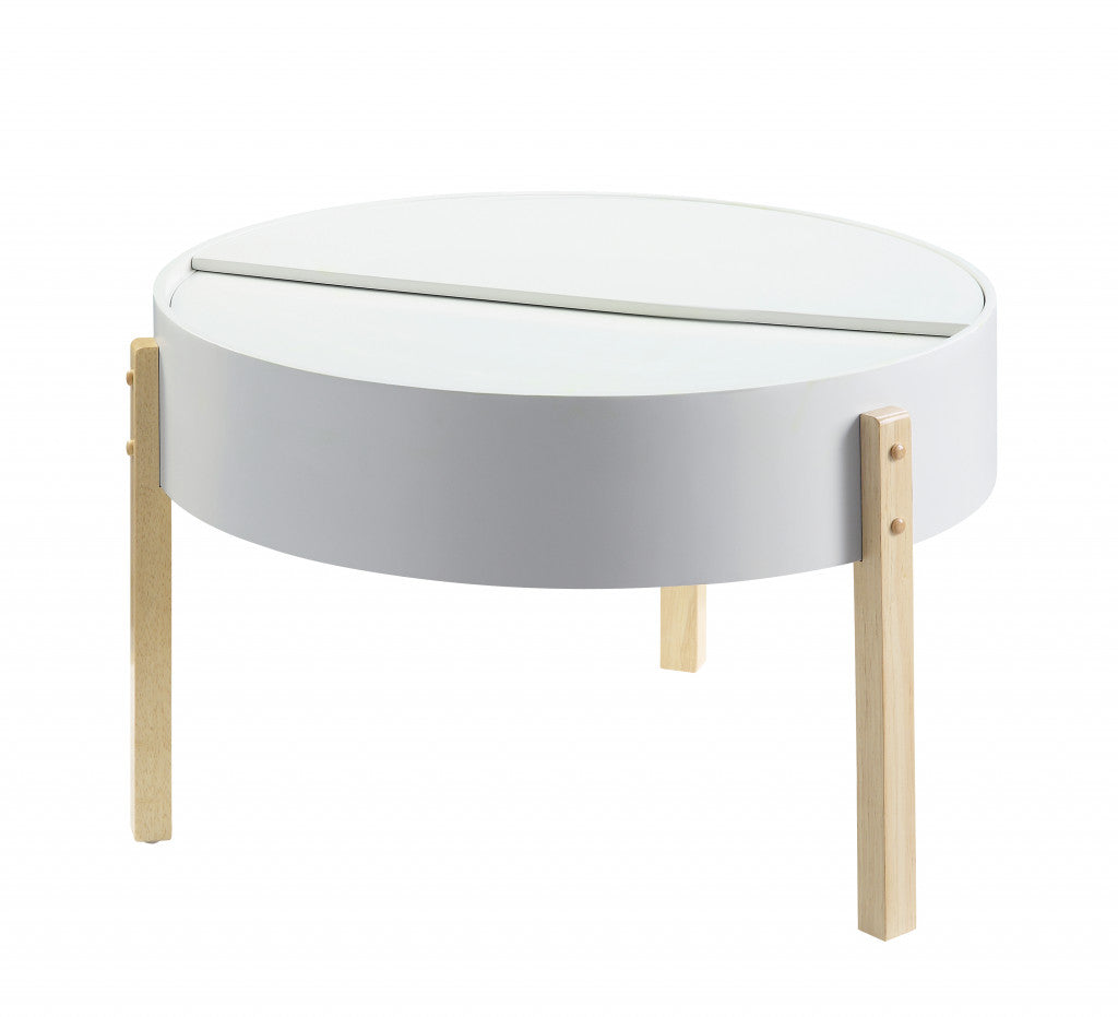 32" White and Natural Wood And Solid Wood Round Coffee Table - Loft&Timber