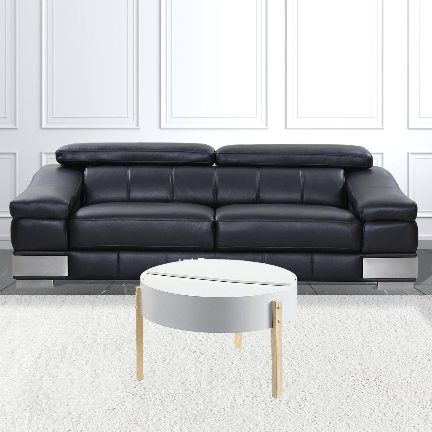 32" White and Natural Wood And Solid Wood Round Coffee Table - Loft&Timber