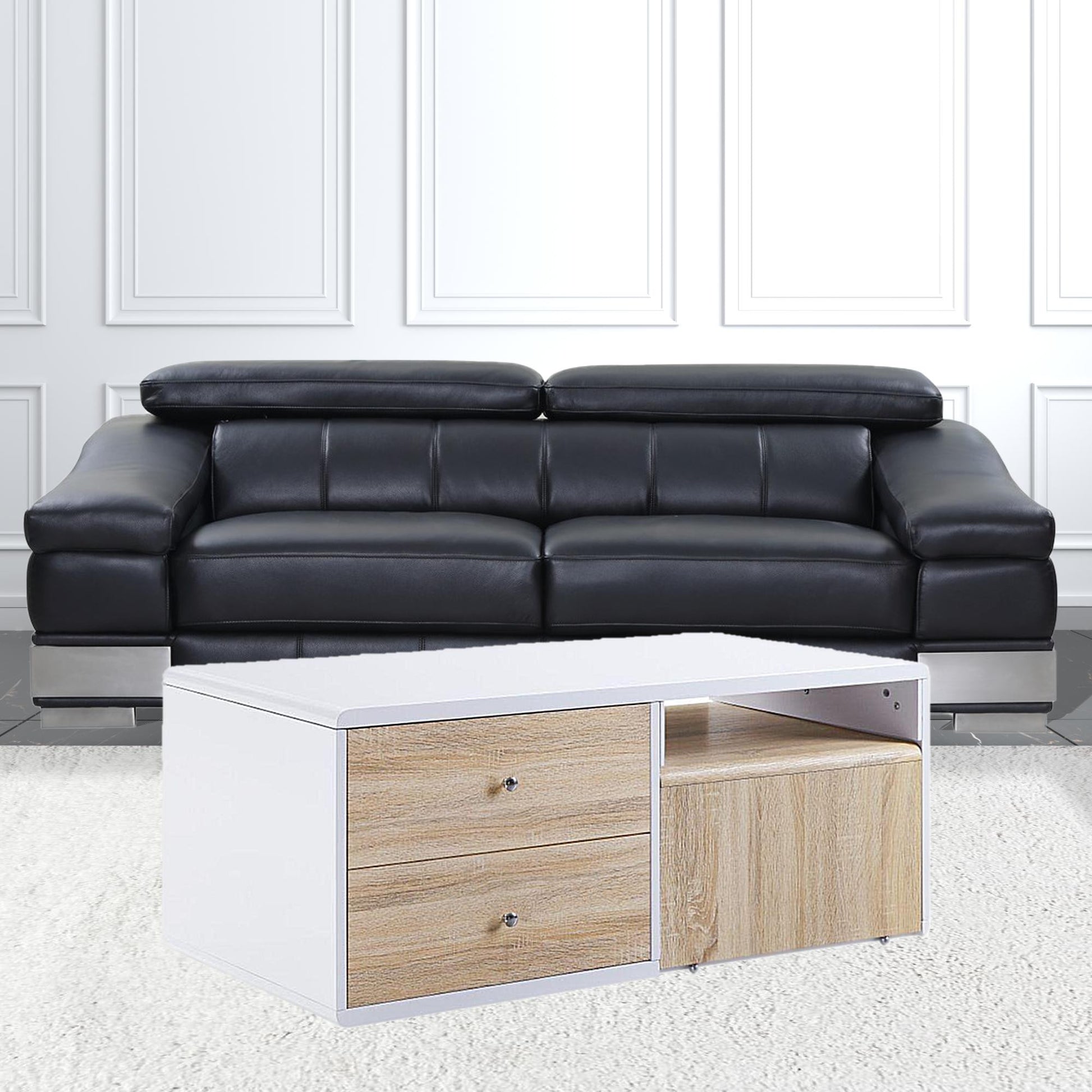 47" White and Natural Wood Frame Coffee Table With Two Drawers - Loft&Timber