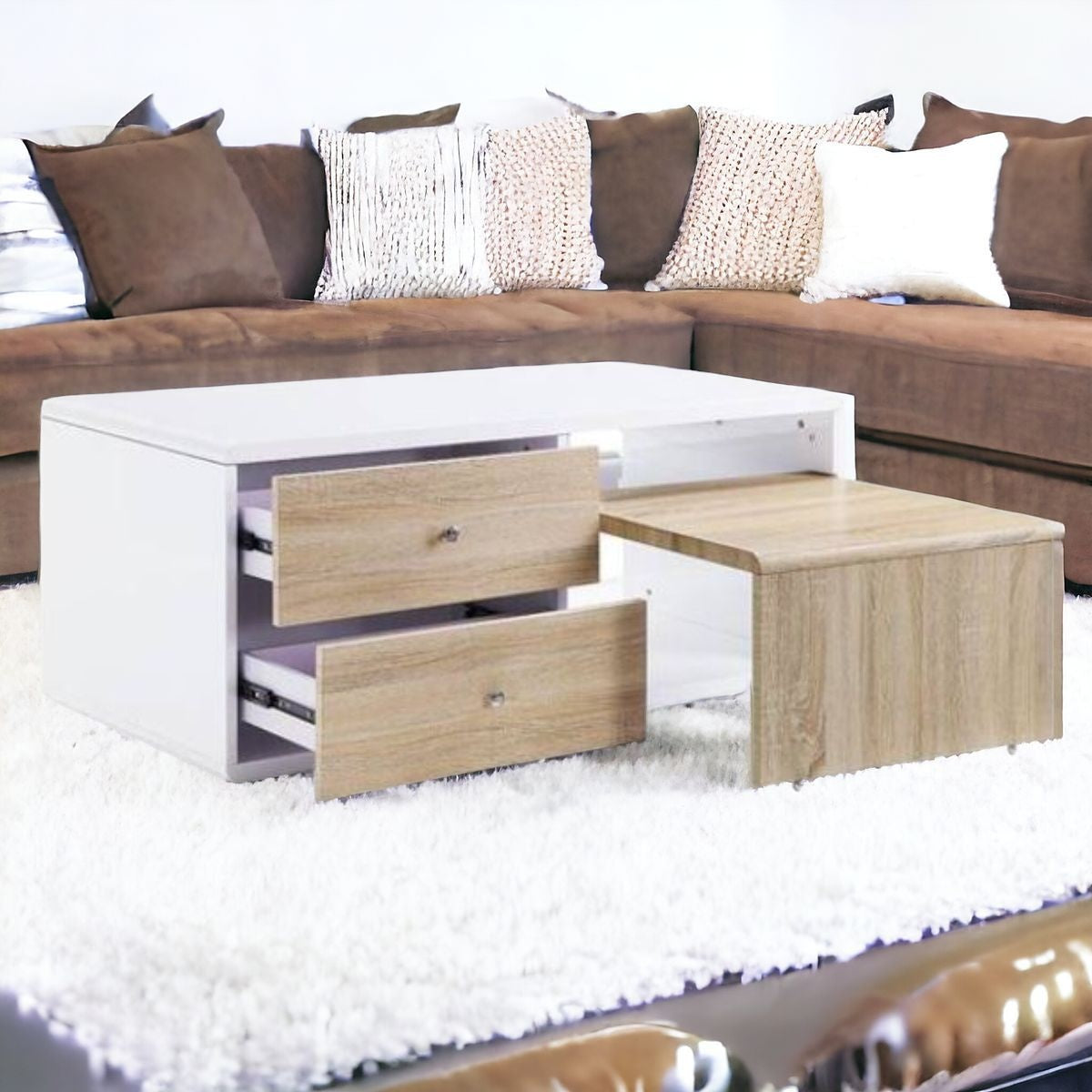 47" White and Natural Wood Frame Coffee Table With Two Drawers - Loft&Timber