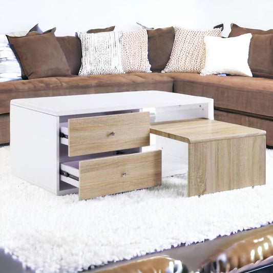 47" White and Natural Wood Frame Coffee Table With Two Drawers - Loft&Timber